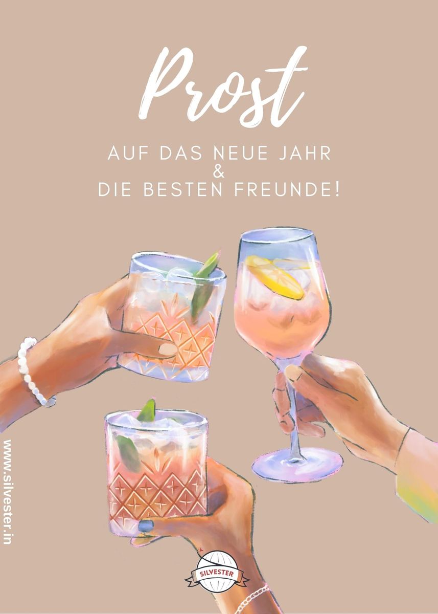Eine Karte, mit der du deinen besten Freunden per E-Mail oder WhatsApp ein frohes neues Jahr und einen guten Rutsch wünschen kannst. Stoßt an auf eure Freundschaft und auf das kommende Jahr!