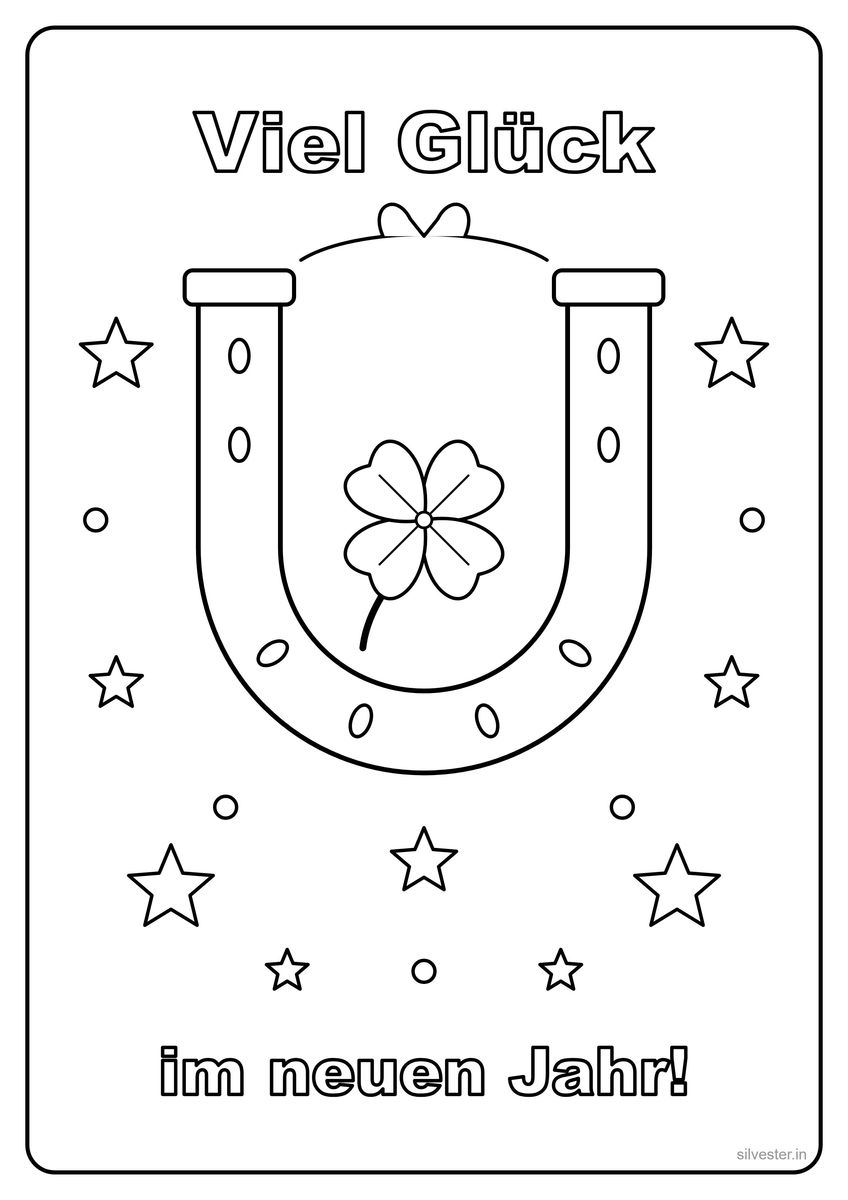 Ausmalbild: Hufeisen mit vierblättrigem Kleeblatt und Sternen, Schriftzug Viel Glück im neuen Jahr