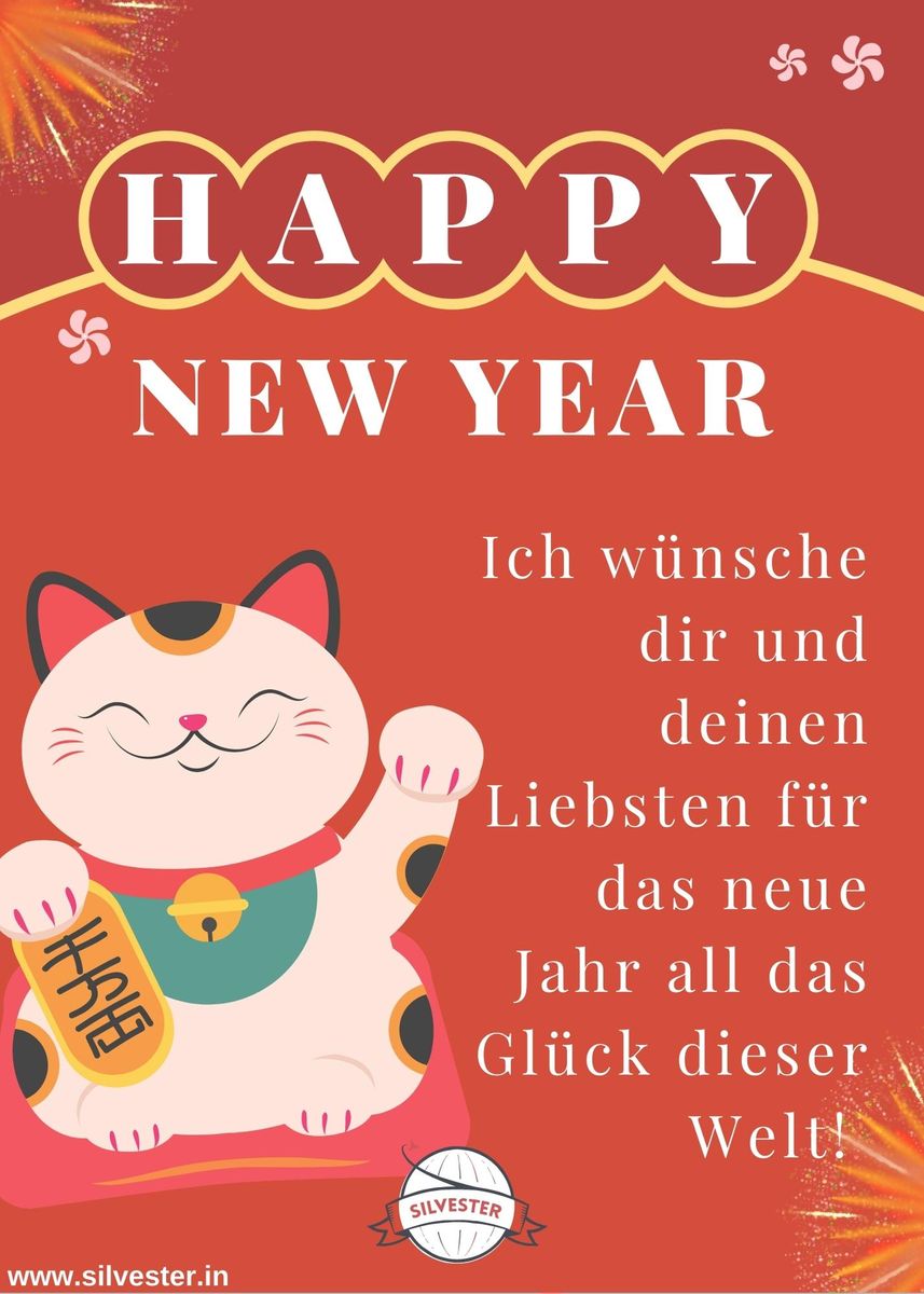 Silvestergrußkarte mit der sogenannten "Glückskatze", die aber eigentlich "Maneki-neko" heißt und ist ein japanischer Glücksbringer, der aber auch in anderen asiatischen Ländern diese Bedeutung hat. Mit ihrer winkenden Pfote soll sie Kunden in Geshcäften anlocken - wer sie zuhause aufstellt, erhofft sich dadurch, Wohlstand zu bringen und Unglück fernzuhalten. Ein perfektes Symbol für eine Grußkarte, um das neue Jahr gut zu starten!