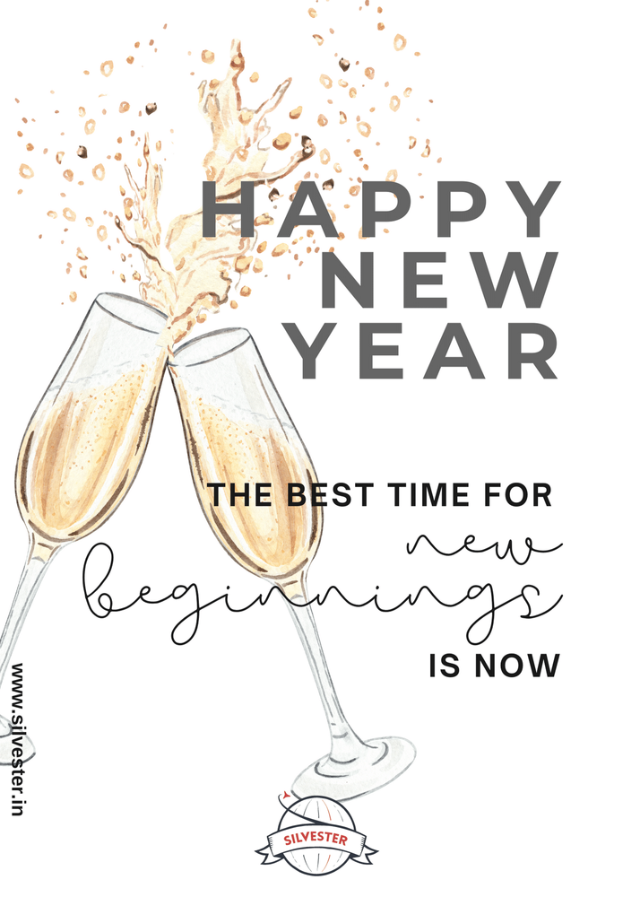 "The best time for new beginnings is now" oder "Die beste Zeit, um etwas neues zu starten, ist jetzt!" - sende diese Karte als Silvestergruß per WhatsApp oder E-Mail an deine Freunde und Familie und wünsche ihnen so einen guten Rutsch ins neue Jahr.