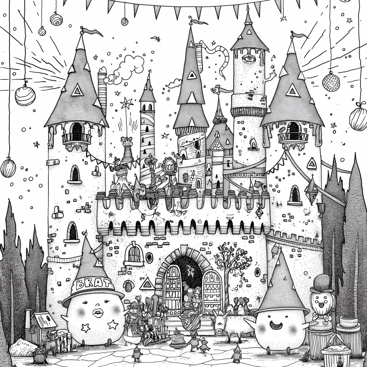 Ausmalbild: Partyschloss mit Girlanden und zwei Figuren mit Partyhut, eine davon mit der Aufschrift Brat