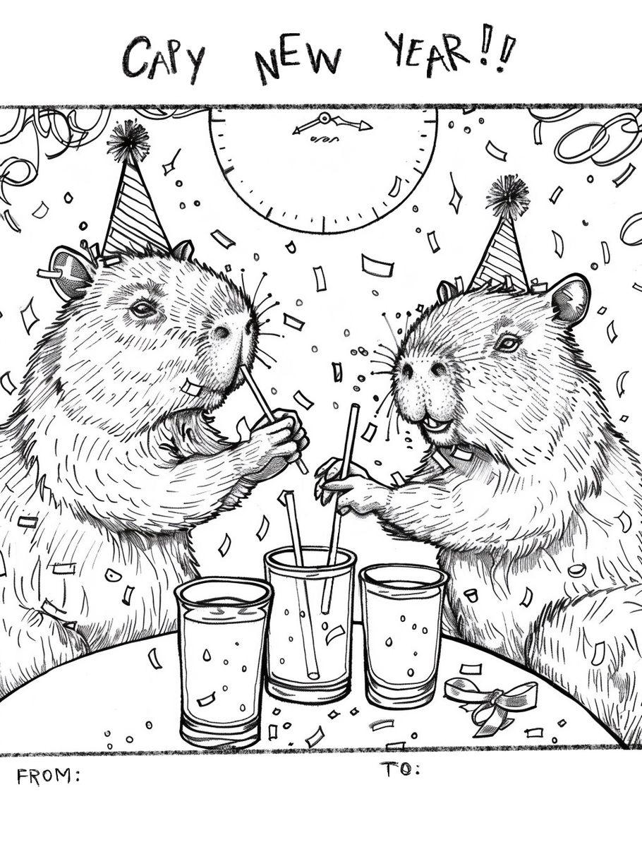 Ausmalbild: zwei Capybaras mit Partyhüten stoßen an, darüber Capy New Year