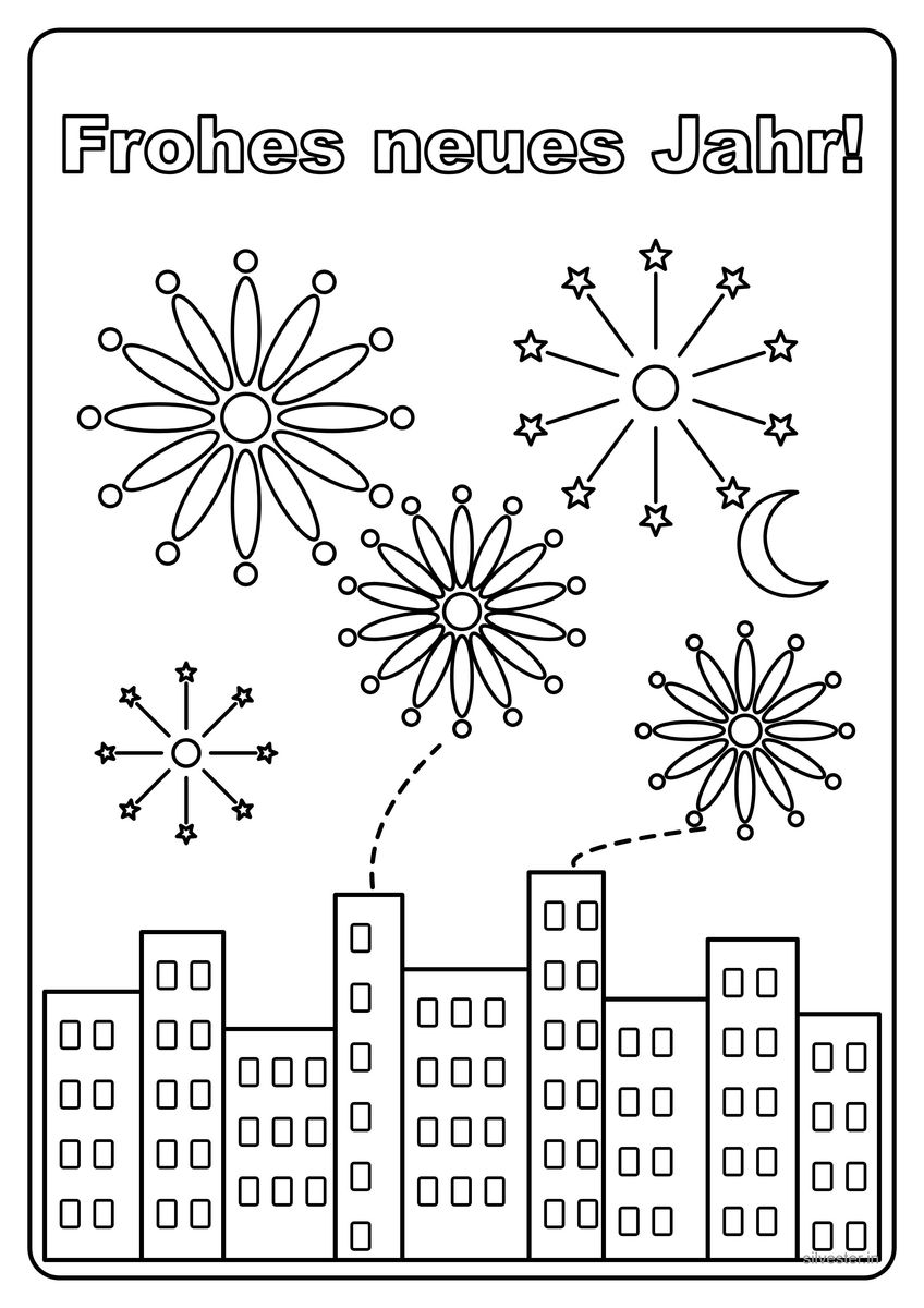 Ausmalbild: Feuerwerk und Mond über einer Stadtsilhouette, Schriftzug Frohes neues Jahr