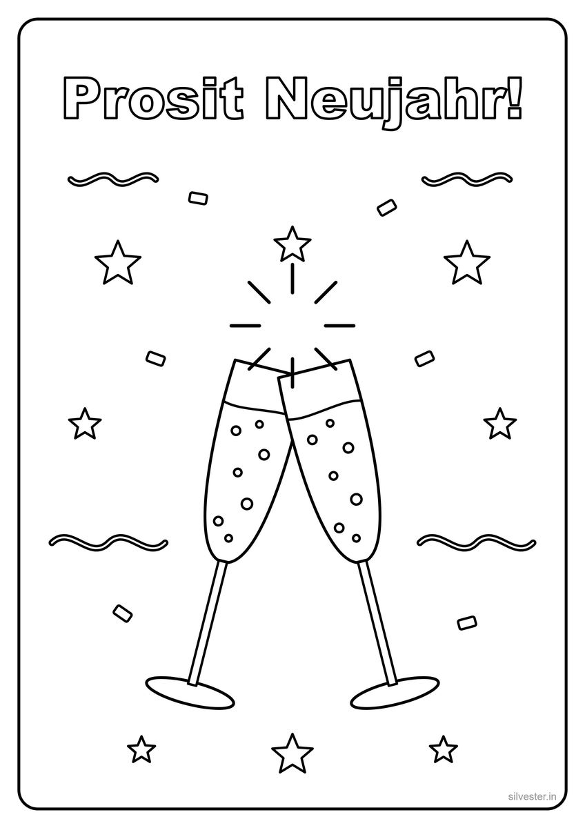 Ausmalbild: zwei anstoßende Champagnergläser mit Luftschlangen und Sternen, Schriftzug Prosit Neujahr