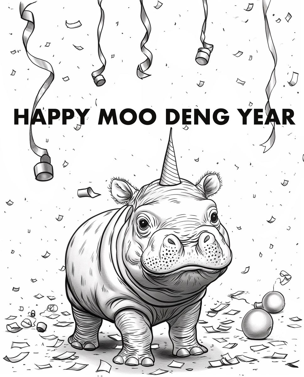 Ausmalbild: Zwergflusspferd Moo Deng mit Partyhut, darüber Happy Moo Deng Year