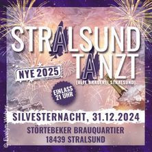 Flyer der Silvesterveranstaltung: Stralsund Tanzt! - Silvesterparty 2024/2025 im Störtebeker Brauquartier 