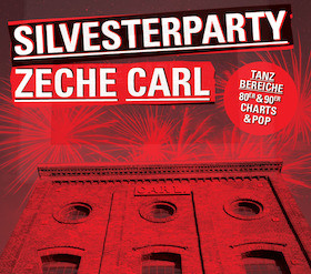 Flyer der Silvesterveranstaltung: SILVESTER PARTY + Menü in der Zeche Carl 2023/2024