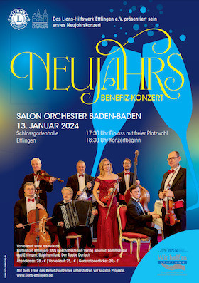 Flyer der Silvesterveranstaltung: Neujahrskonzert 2024 mit dem Salonorchester Baden-Baden in der Schlossgartenhalle