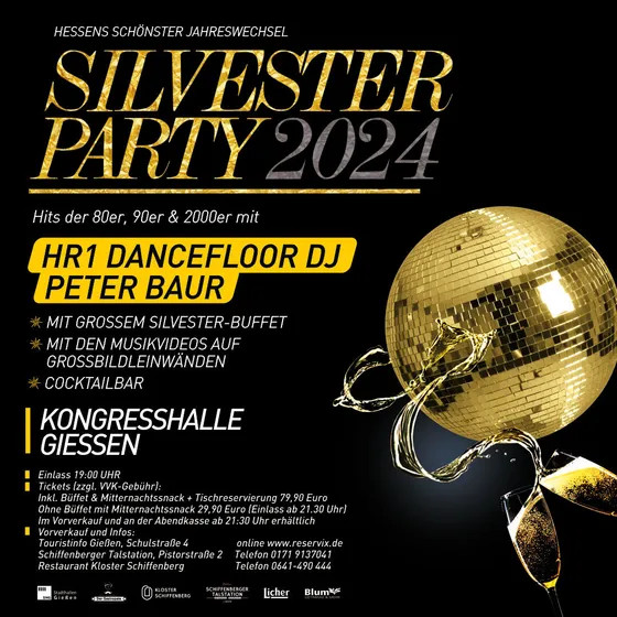 Flyer der Silvesterveranstaltung: Silvester Party 2024 in der Kongresshalle Gießen