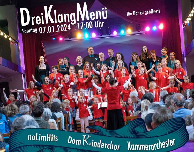 Flyer der Silvesterveranstaltung: Neujahrskonzert DreiKlangMenü in Greifswald - Ein musikalisches Fest zum Jahresbeginn!