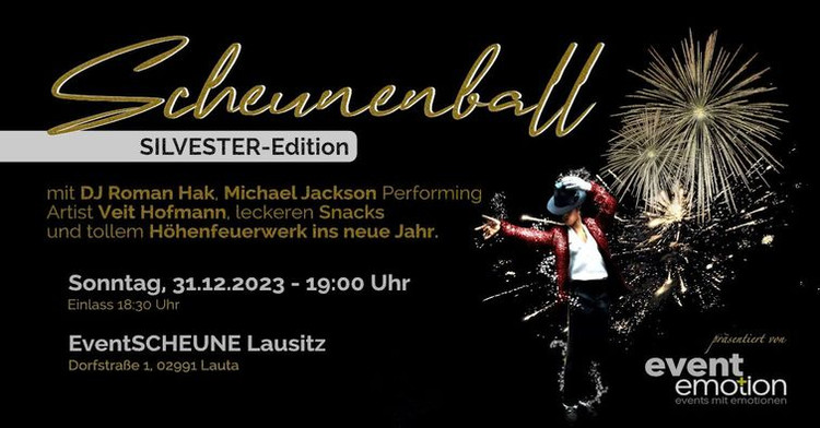 Flyer der Silvesterveranstaltung: Silvester Scheunenball 2023 in der EventSCHEUNE Lausitz