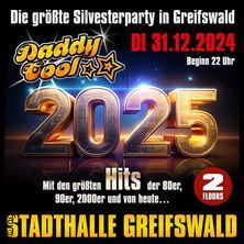 Flyer der Silvesterveranstaltung: Happy New Year 2025 in der Stadthalle Greifswald