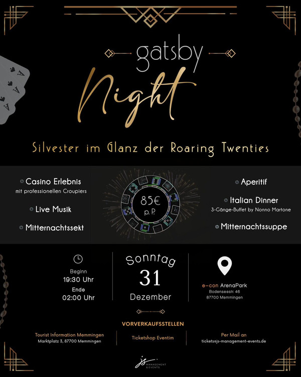 Flyer der Silvesterveranstaltung: The Gatsby Silvester Night 2023 im e-con ArenaPark in Memmingen