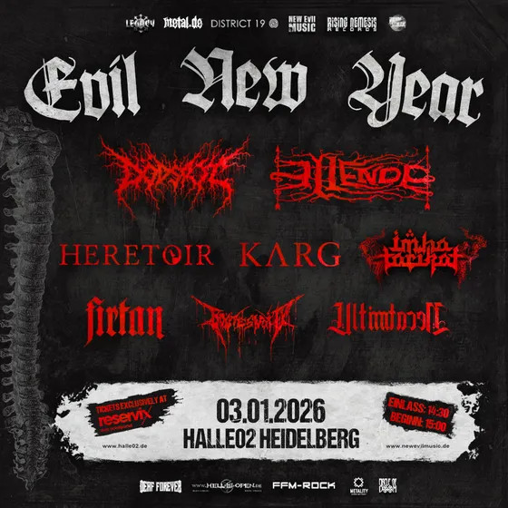 Flyer der Silvesterveranstaltung: Evil New Year Festival 2026 – Black- und Post-Black-Metal-Start ins neue Jahr in der halle02