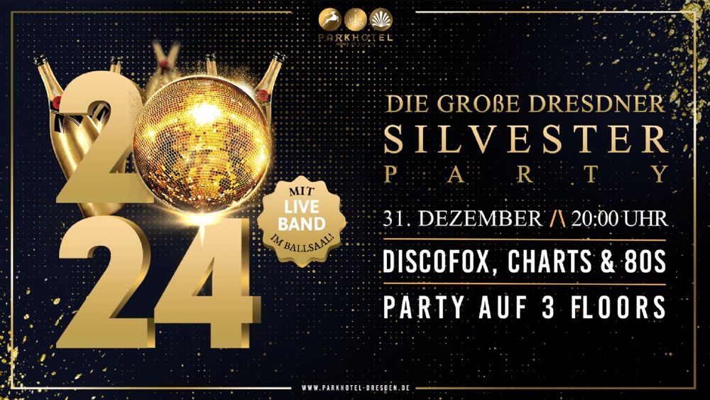 Flyer der Silvesterveranstaltung: Die Große Dresdner Silvester Party 2024 im Blauen Salon Dresden