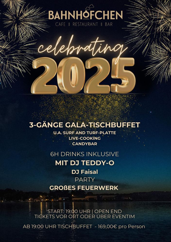 Flyer der Silvesterveranstaltung: Celebrating 2025 im Bonner Bahnhöfchen