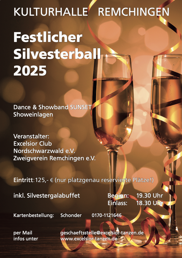 Silvesterveranstaltung: Festlicher Silvesterball 2025 in Remchingen – Galabuffet & Tanz mit der Showband SUNSET