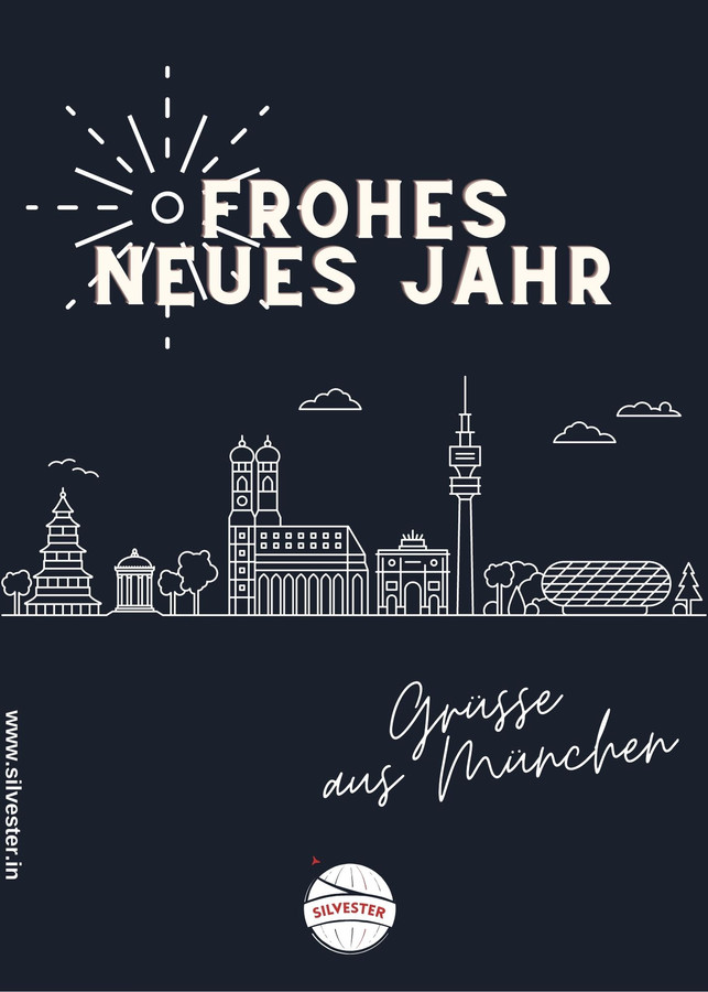 Silvestergrüße aus München mit den Münchner Wahrzeichen. Sende deinen Liebsten mit dieser Karte per WhatsApp oder E-Mail ein frohes neues Jahr und einen guten Rutsch aus der bayerischen Hauptstadt!