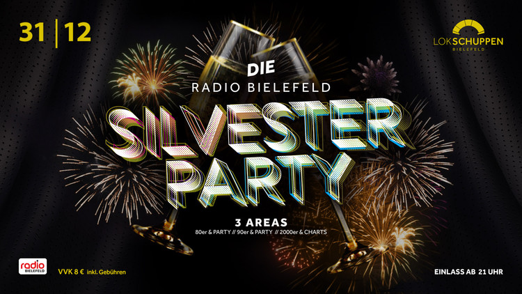 Flyer der Silvesterveranstaltung: Die Große Radio Bielefeld Silvesterparty 2023 im Lokschuppen Bielefeld
