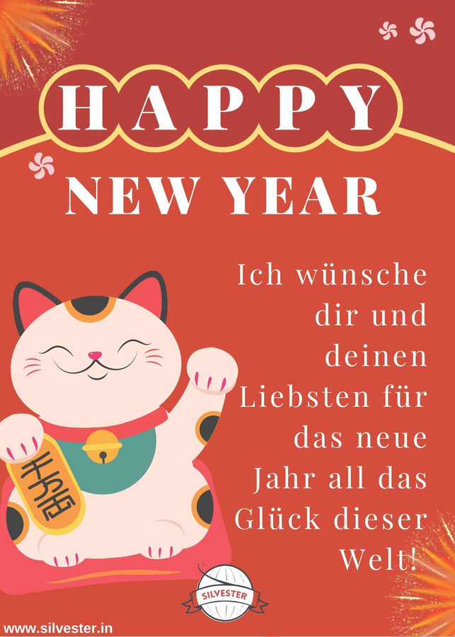  Silvestergrußkarte mit der sogenannten "Glückskatze", die aber eigentlich "Maneki-neko" heißt und ist ein japanischer Glücksbringer, der aber auch in anderen asiatischen Ländern diese Bedeutung hat. Mit ihrer winkenden Pfote soll sie Kunden in Geshcäften anlocken - wer sie zuhause aufstellt, erhofft sich dadurch, Wohlstand zu bringen und Unglück fernzuhalten. Ein perfektes Symbol für eine Grußkarte, um das neue Jahr gut zu starten!  