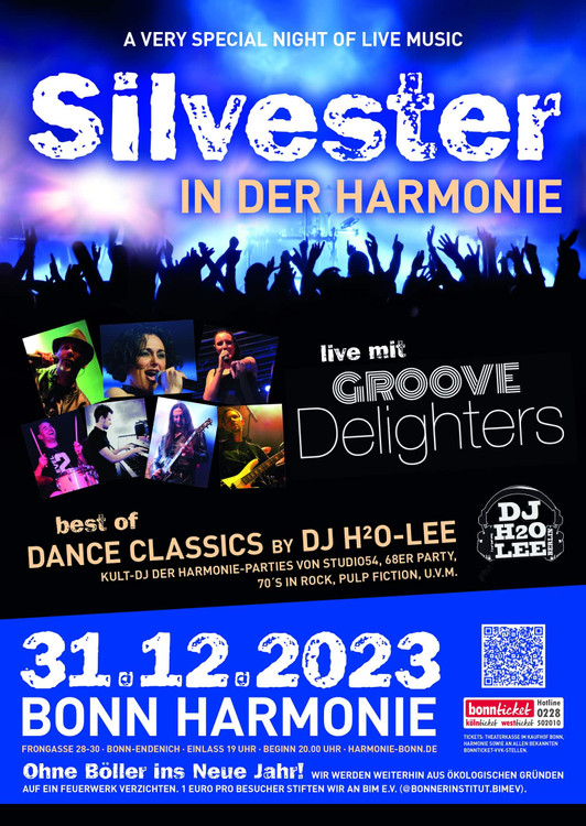 Flyer der Silvesterveranstaltung: Silvesterparty 2023 in der Harmonie Bonn