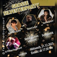 Flyer der Silvesterveranstaltung: Große Silvesterfeier 2025/26 in der Festhalle Birkesdorf Düren – mit Live-Acts, DJ & Feuerwerk