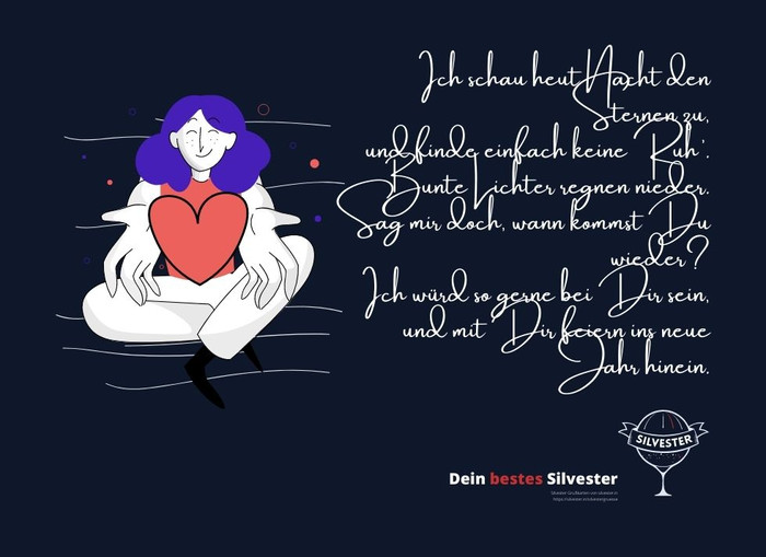 Ich schau heut Nacht den Sternen zu, und finde einfach keine Ruh’.
Bunte Lichter regnen nieder. Sag mir doch, wann kommst Du wieder?
Ich würd so gerne bei Dir sein, und mit Dir feiern ins neue Jahr hinein.