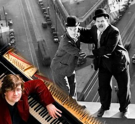 Flyer der Silvesterveranstaltung: Stan und Olli – Stummfilmkonzert mit Stephan Graf von Bothmer